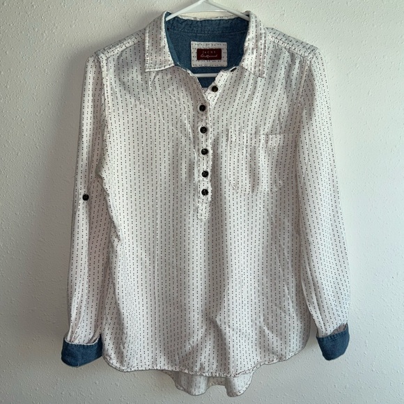 Jachs Girlfriend White Button Down Top Pink Blue Dots Women’s Sz M 100% Cotton - Picture 1 of 10